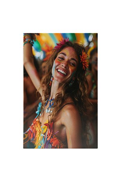 StoryGift Romania Tablou Canvas: Bucuria Colorata Fata Pictata Pe Fata Cu Flori In Par Danseaza La O Petrecere H