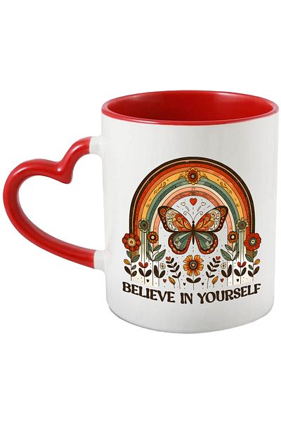 StoryGift Romania Mug with the message "Believe in yourself", illustration, motivational, butterfly, door, f, With ,STG