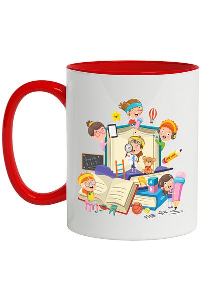 StoryGift Romania Mug With Books, Blackboard, Math, Pencil, Ball, Basketball, Tennis, Teddy Bear, Multico, With, STG