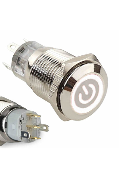 ROBİZ 16mm Metal Buton Beyaz Power Uyumlu Sembol Led Işıklı Panel Montaj Düz Kafa Kilitlemeli DC 6A 12V