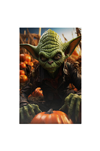 StoryGift Romania Tablou Canvas: Yoda Batran, Troll Verde Cu Urechi Ascutite Si Gheare Lungi Langa Dovleac Cu Oc