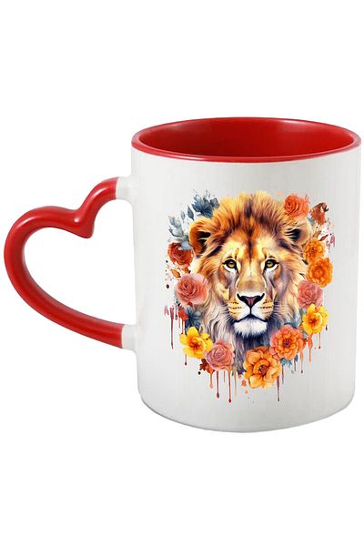 StoryGift Romania Lion Head Mug, Roses, Flowers, Leaves, Watercolor, Multicolor 330 ml, Ce, Cu, STG