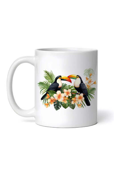 OEM Εξατομικευμένη λευκή κούπα, παπαγάλοι Toucan και λουλούδια Pomelia, INOVA...