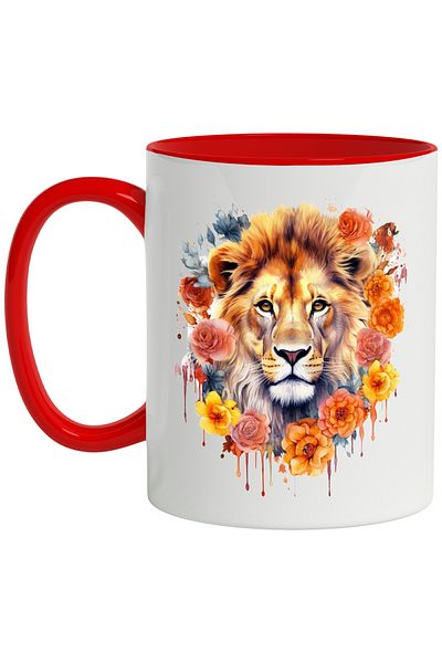StoryGift Romania Lion Head Mug, Roses, Flowers, Leaves, Watercolor, Multicolor 330 ml, Ce, Cu, STG