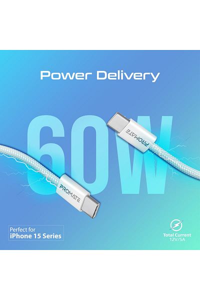 Promate EcoLine-CC120 Ultra-Fast 60W Power Delivery USB-C Cable - 1.2 m - White
