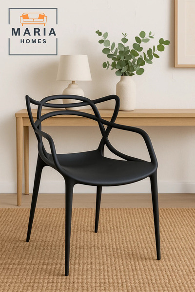MARIA HOMES Modern Black Designer Plastic Chair – Sleek Stackable Armchair for Indoor and Outdoor Use