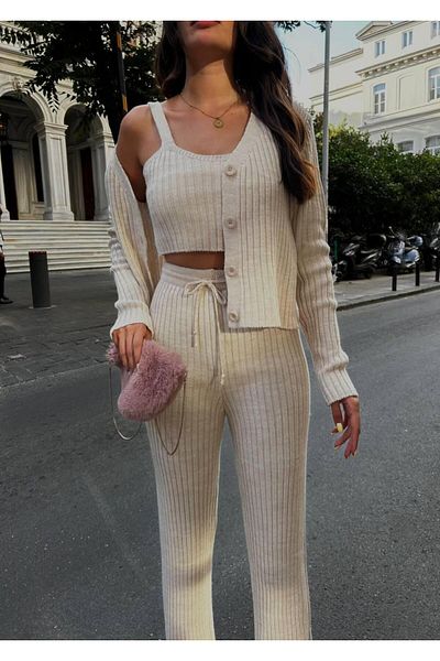 NZL TEKSTİL Dgn's Swe Button Detailed Cardigan-Blouse-Pants 3 Piece Set