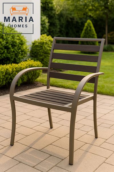 MARIA HOMES Beige Frame Outdoor Chair with Brown Slatted Seat – Garden & Patio Use