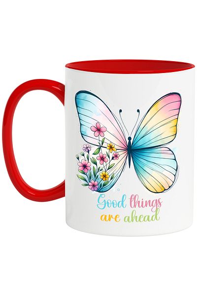 StoryGift Romania Mug with the message "Good things are ahead", illustration, motivational, flowers, butterfly, With ,STG