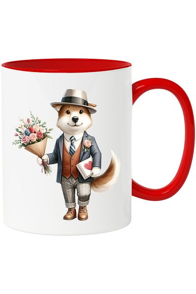 StoryGift Romania Mug with a cheerful dog holding a bouquet of flowers and a gift | box with , With ,STG