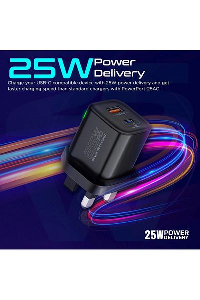 Promate PowerPort-25CC Dual-Port (Type-C and USB-A) Fast Charging Wall Charger - 25W - Black