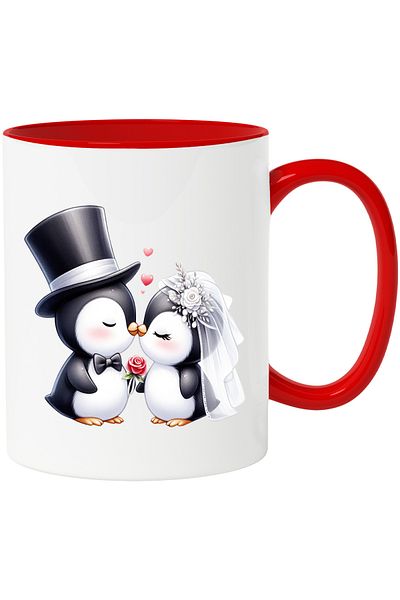 StoryGift Romania Mug with 2 penguins at the wedding | illustration | kiss | bride | son-in-law | hat | , With ,STG