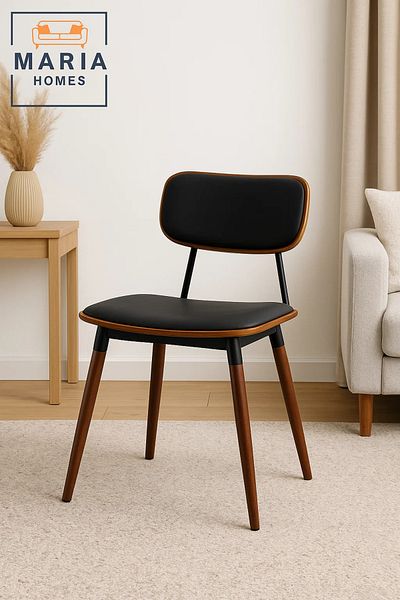 MARIA HOMES Mid-Century Modern Black Cushioned Chair with Wooden Frame – Elegant Dining or Office Accent Chair