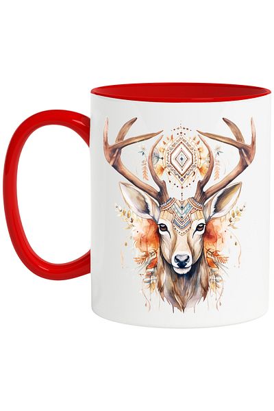 StoryGift Romania Mug with a deer, illustration, serious, abstract, decorated, symbols with Red Handle, With M,STG