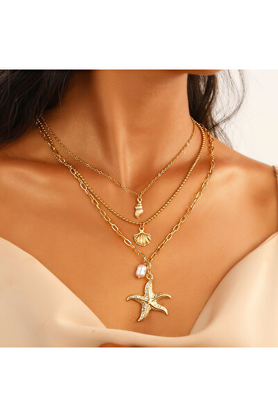Hilosh Altın Renkli Deniz Yıldızı ve Kabuk Figürlü 3'lü Şık Kolye Yazlık Zarafet