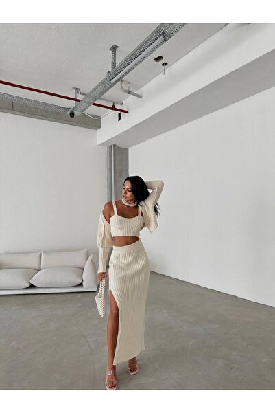 NZL TEKSTİL Dgn's London Button Detailed Slit Skirt-Cardigan-Blouse 3 Piece Set