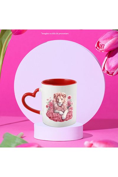 StoryGift Romania Lion mug | illustration | poppies | pink | wool | serious | wild animal , With ,STG