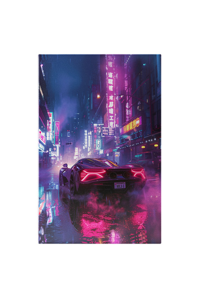 StoryGift Romania Tablou Canvas: Mașină Sport Cu Lumini Mov În Oraș Noaptea- Iubitori De Mașini Pictura Digitala
