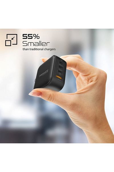 Promate GaNPort4-100PD 4-Port Fast Charging Wall Charger (3 Type-C and 1 USB-A) - 100W - Black