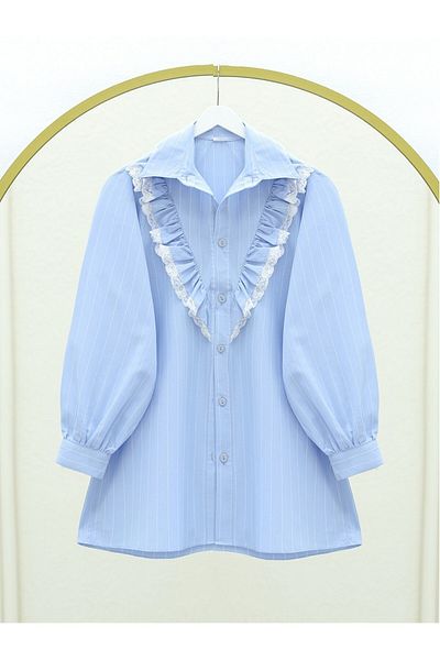 Modamorfo Cămașă cu dungi cu volane și dantelă în față cu nasturi - Baby Blue