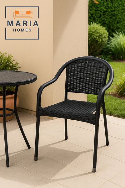 MARIA HOMES Modern Black Perforated Plastic Armchair – Stackable Indoor & Outdoor Seating