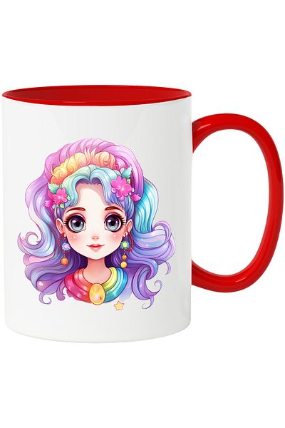 StoryGift Romania Mug with a cheerful face | illustration | big eyes | flowers | earrings | 330ml | Cerami, Cu,STG