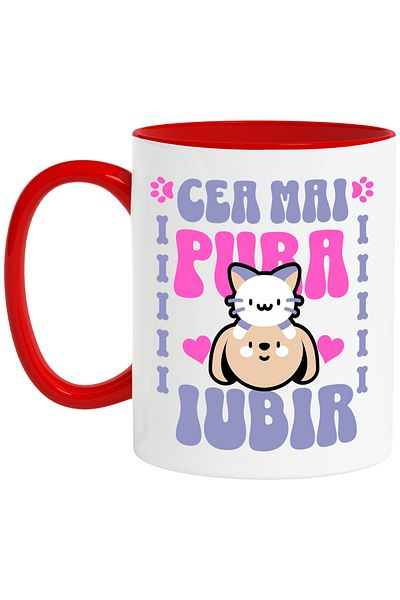 StoryGift Romania Mug Animal Love Purest Dog Cat, 330ml, Ceramic with Red Handle, With ,STG