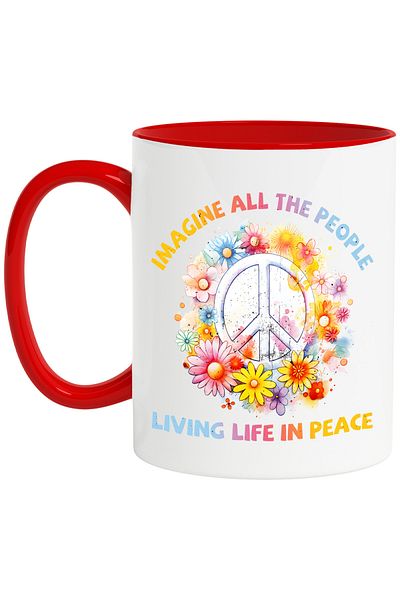 StoryGift Romania Mug with the message "Imagine all the people, living life in peace", hippie style, c, Cu ,STG