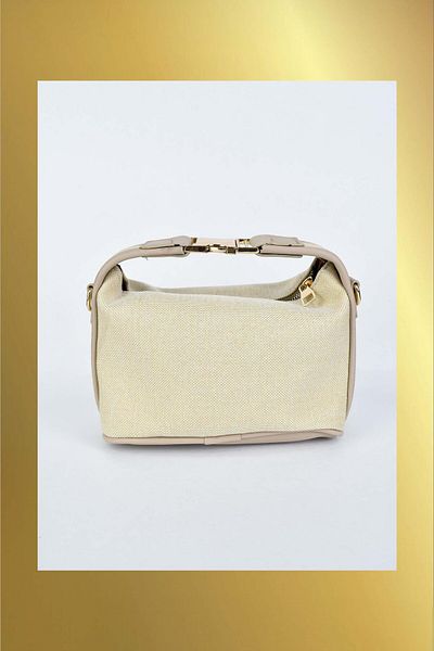 Biriz Moda Women's Canvas Fabric Hand and Shoulder Bag with Metal Handle Detail - Cream