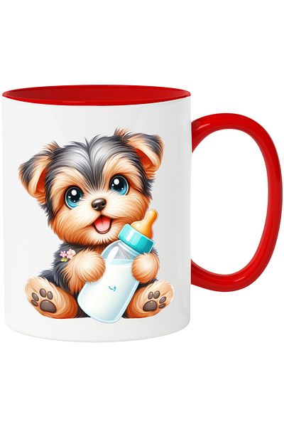 StoryGift Romania Mug with a cheerful furry puppy holding a milk bottle | small size | fe, Cu,STG