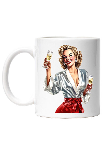 StoryGift Romania Cana cu o femeie frumusica, ilustratie, doua pahare cu alco...