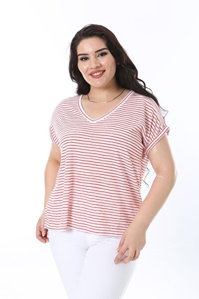 Şans Red Striped V-neck Plus Size Blouse - Low Sleeve 65n38227