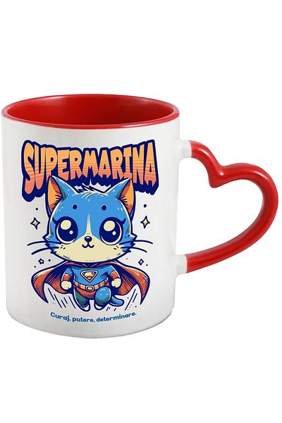 StoryGift Romania Super Marina Mug, Superhero, Flying Cat, 330ml, Ceramic with Red Heart Handle, With ,STG