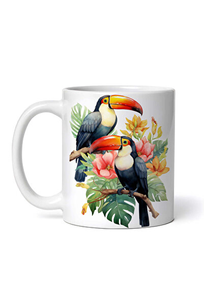 OEM Cană albă personalizată, papagali toucan și flori exotice, INOVATIX®. 330ml