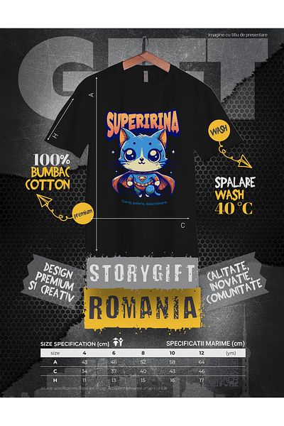 StoryGift Romania Kids Girls T-Shirt Super Irina, Superhero, Flying Cat 100% Cotton, Unisex, Black, STG