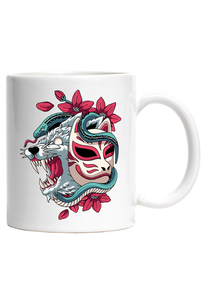 StoryGift Romania Cana Cu Sarpe, Floare, Lup, Masca, Multicolor 330 ml, Ceramica cu Maner Alb, Cu Maner,STG