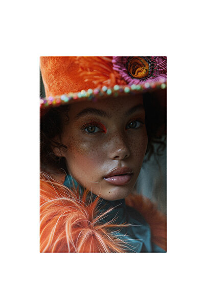 StoryGift Romania Tablou Canvas Femeie Cu Pistrui Si Buze Mari Cu Ochii Sclipitori Cu Palarie Portocalie In Cama