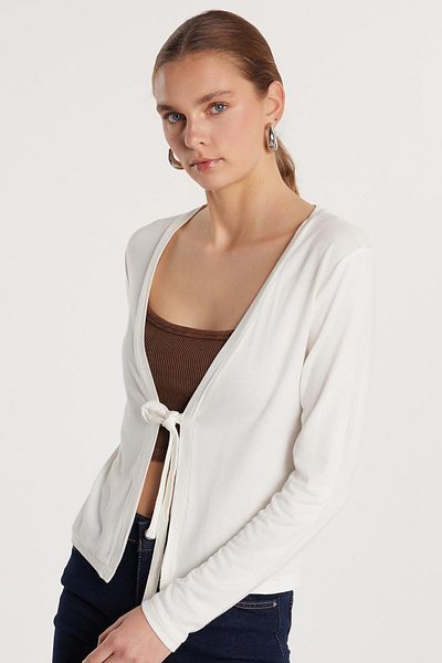 Tudors Women's Slim Fit Slim Fit Tie-Up Long Sleeve V-Neck Ecru Cardigan