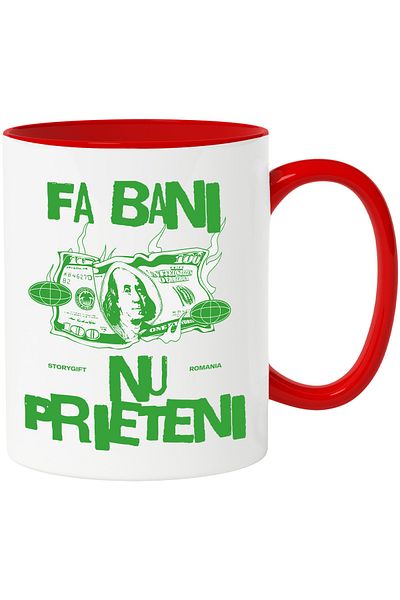 StoryGift Romania Mug banknote in flames text make money not friends, 330ml, Ceramic with Red Handle, With M,STG
