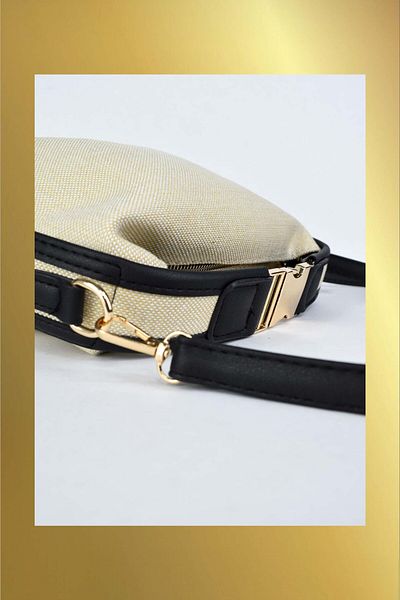Biriz Moda Women's Canvas Fabric Hand and Shoulder Bag with Metal Handle Detail - Black