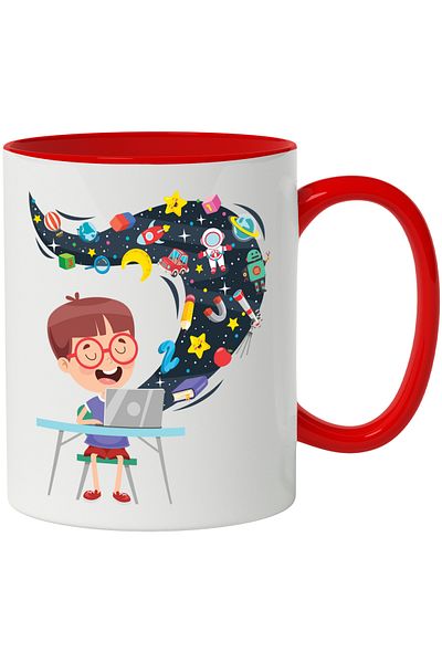 StoryGift Romania Mug With Child, Laptop, Chair, Space, Moon, Astronaut, Robot, Science, Multicolored, With ,STG