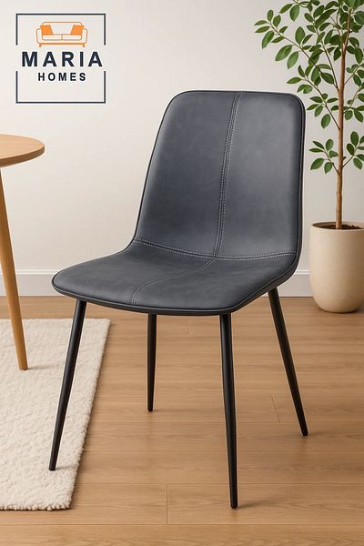 MARIA HOMES Modern Grey Faux Leather Dining Chair with Black Metal Legs