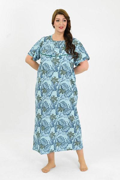 Akbeniz Women's Large Size Short Sleeve Blue Mother Nightgown 1377