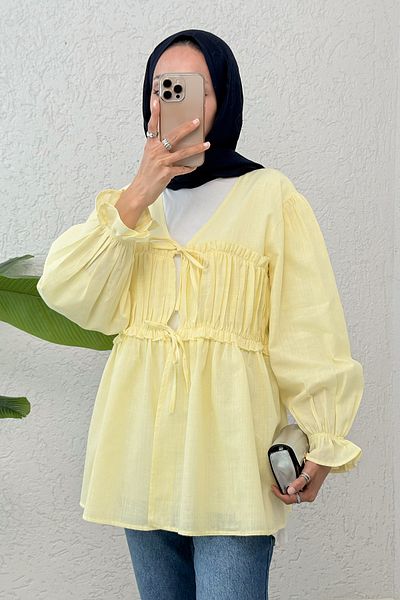 Salih Çelebi Front Gathered Kimono Tunic 2307 - Yellow