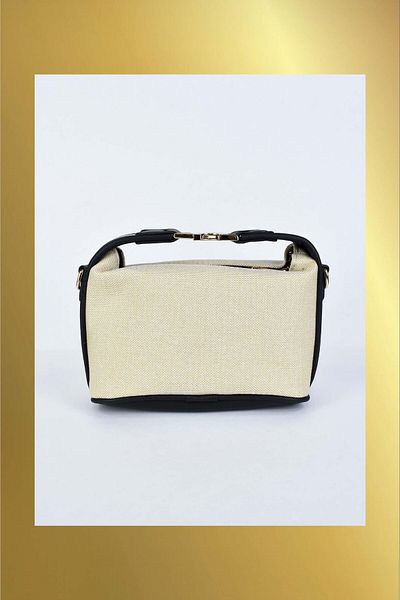 Biriz Moda Women's Canvas Fabric Hand and Shoulder Bag with Metal Handle Detail - Black