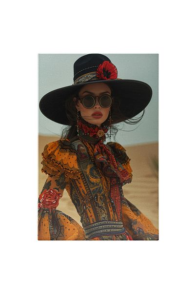 StoryGift Romania Tablou Canvas Tanara Fermecatoare Cu Palarie Neagra Si Ochelari Cu Cercei In Rochie Galbena Cu