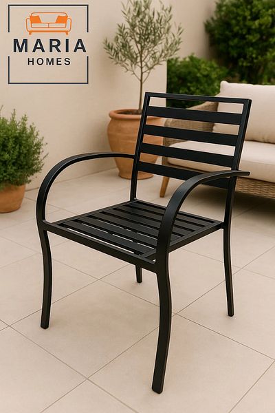 MARIA HOMES Black Metal Outdoor Armchair – Slatted Seat and Backrest for Patio or Garden