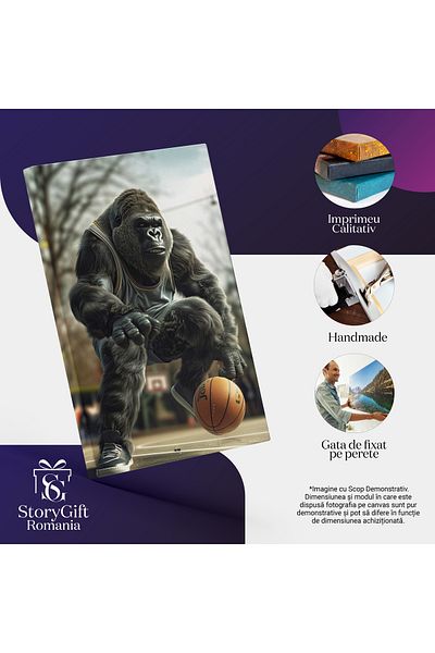 StoryGift Romania Tablou Canvas Gorilă Sportivă Animal Sălbatic Pe Terenul De Baschet În Echipament Cu Minge , Pi