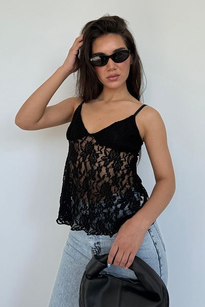 Madmext Black Adjustable Strap Lace Blouse Mg2348