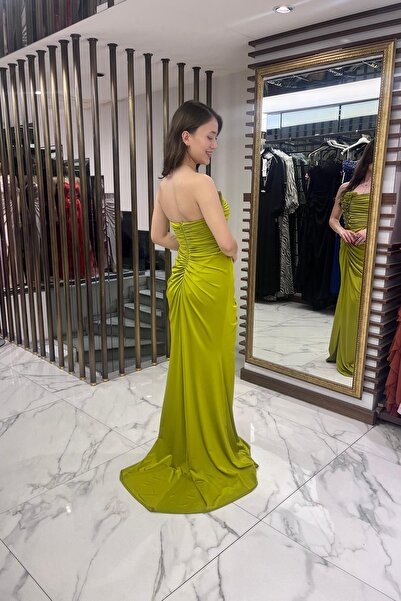 By Saygı Women's Strapless 3D Floral Draped Lined Lycra Long Dress